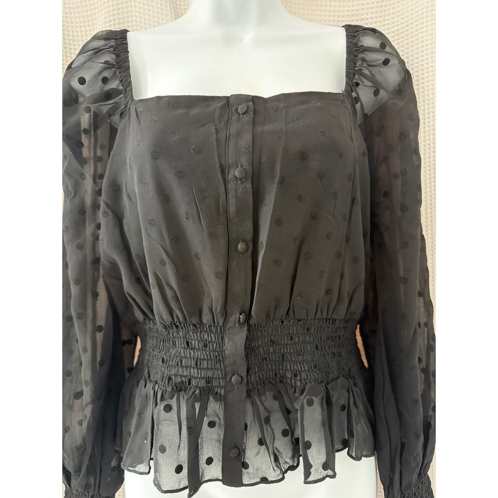 Lucy Paris Black  Smocked Peplum Blouse Sheer Long Sleeve women's Medium